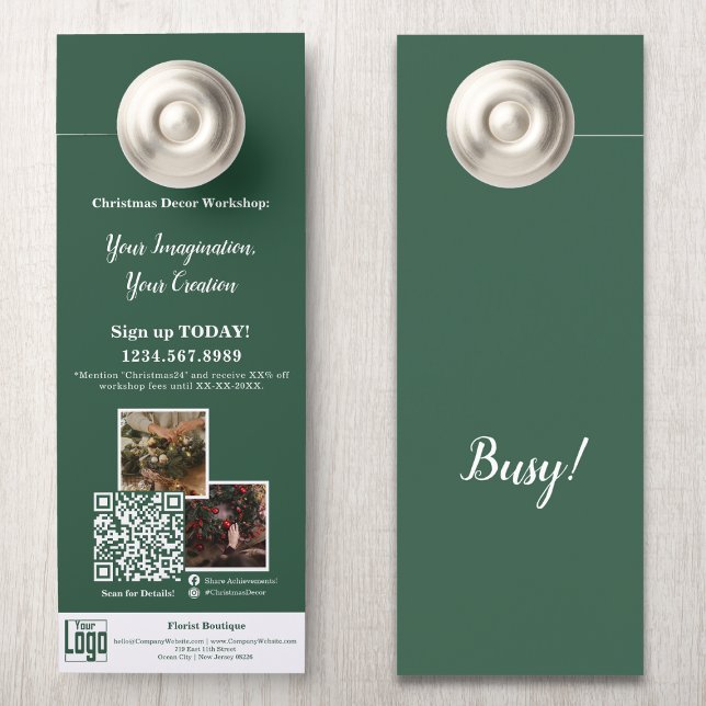 Colgador Para Puertas Personalizado de promoción de talleres de Navidade (Florist Christmas Workshop Promotion Custom Door Hanger - Image Collage, Logo, QR code)