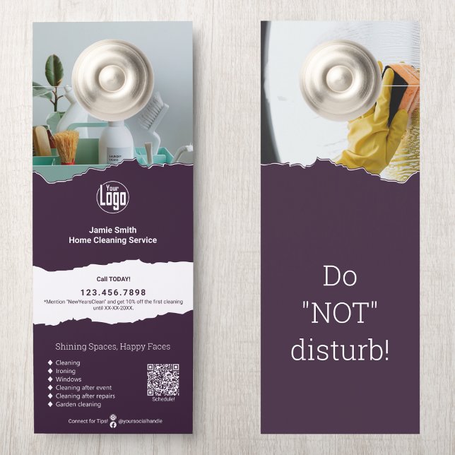 Colgador Para Puertas Personalizado de promoción del servicio de limpiez (Modern Cleaning Service Promotional Custom Door Hanger: Logo, QR code, CTA, Terms, Services, Motto)