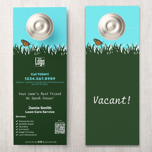 Colgador Para Puertas Personalizado de promoción del servicio de manteni (Garden Maintenance Service Promotional Custom Door Hanger, Call to Action, QR code, Social Connect)