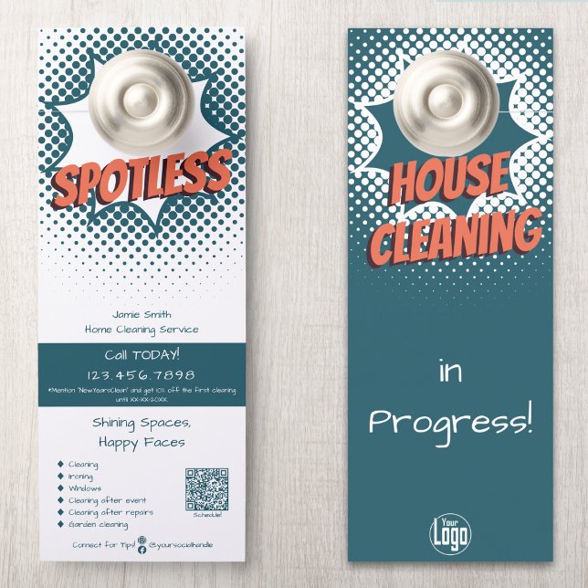 Colgador Para Puertas Personalizado Promocional del Servicio de Limpieza (Modern House Cleaning Service Promotional Custom Door Hanger - Spotless Burst Design, Blue White)