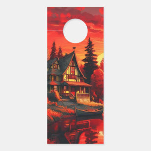 Colgador Para Puertas Pintura de atardecer con cabaña y lago-66633
