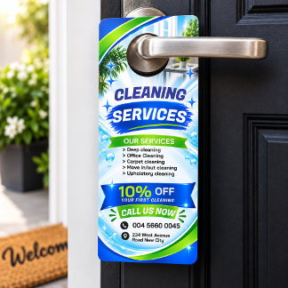 Colgador Para Puertas Promoción de Servicios de Limpieza Verde Azul