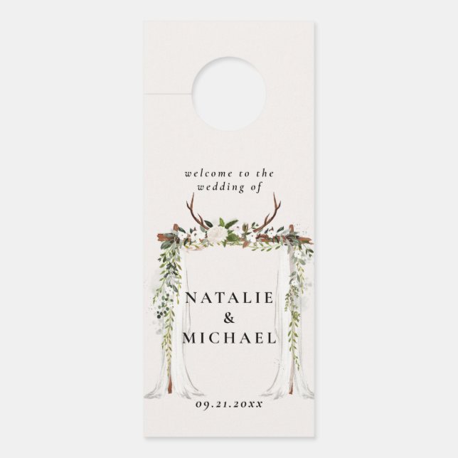 Colgador Para Puertas Rústico antler acuarela boho arco floral boda (Anverso)