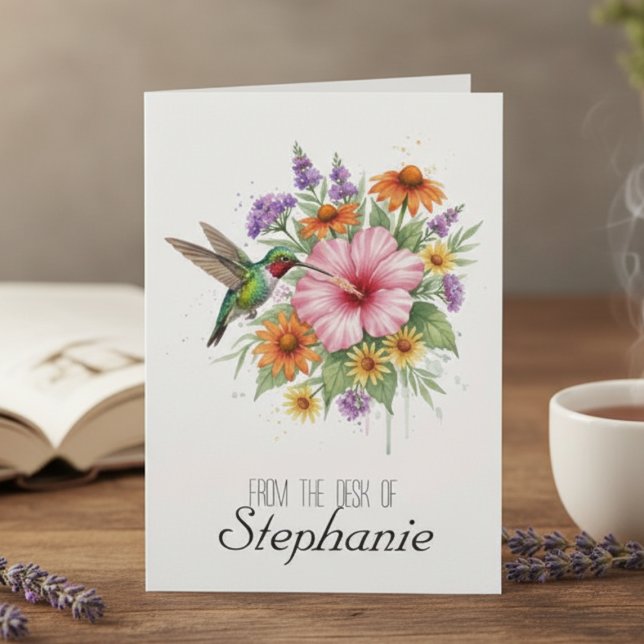 Colibrí Botánico Floral de Agradecimiento a los Ma (Colorful hummingbird and hibiscus note card for a teacher — lovely thank you gift idea for her)