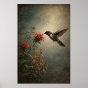 Colibrí Flor Arte Floral de Aves Póster
