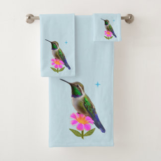 Colibrí moderno y flor sobre azul claro