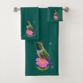 Colibrí moderno y flor sobre azul verde