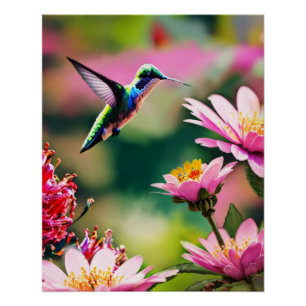 Colibrí volando a las flores Poster brillante