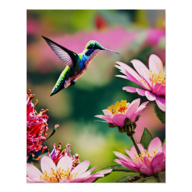 Colibrí volando a las flores Poster brillante (Anverso)
