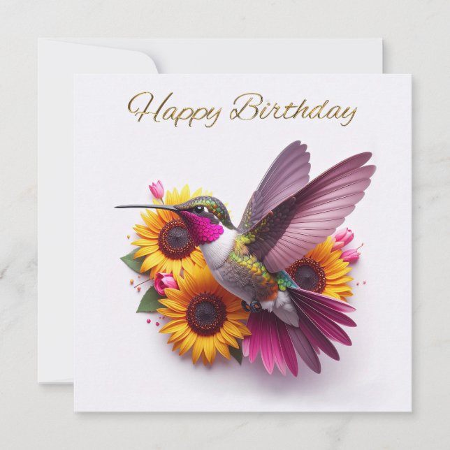 Colibrí volando con flores Feliz Cumpleaños (Anverso)