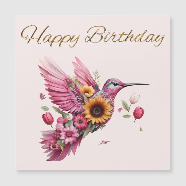 Colibrí volando con flores Feliz Cumpleaños (Anverso)
