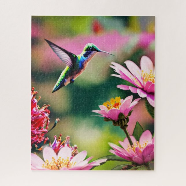 Colibrí volando en un rompecabezas florido (Vertical)