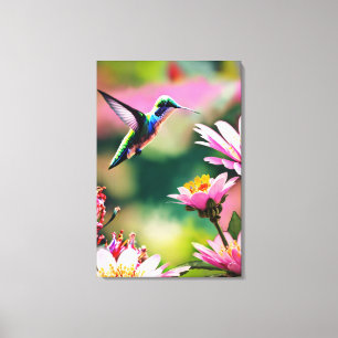 Colibrí volando hacia una flor Impresión en lienzo