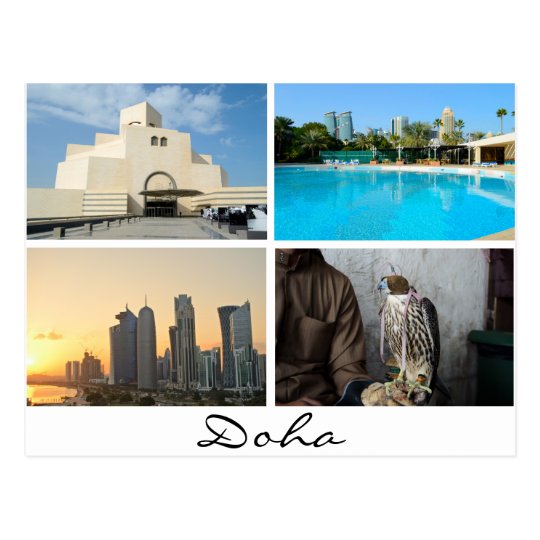 Collage de 4 fotos en la postal de Doha