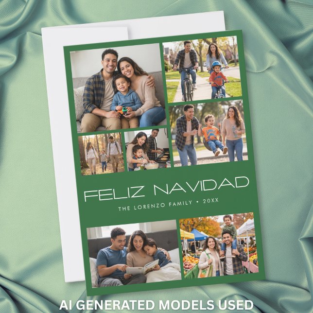 Collage de 7 fotos Feliz Navidad Verde Moderno (Modern Green 7 Photo Collage Feliz Navidad Holiday Card)