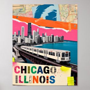 Collage de arte pop de tren del horizonte de Chica