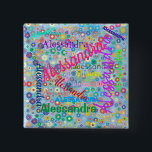 Collage de cualquier nombre con botón personalizad<br><div class="desc">Este botón presenta un diseño colorido con el nombre de su elección que aparece en numerosas fuentes y colores diferentes. Los nombres se muestran sobre un fondo azul con flores de colores. ¡Fantástico como un himno o sólo por diversión!</div>