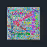 Collage de cualquier nombre con botón personalizad<br><div class="desc">Este botón presenta un diseño colorido con el nombre de su elección que aparece en numerosas fuentes y colores diferentes. Los nombres se muestran sobre un fondo azul con flores de colores. ¡Fantástico como un himno o sólo por diversión!</div>