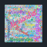 Collage de cualquier nombre con imán de flores<br><div class="desc">Este imán presenta un diseño ondulado colorido con el nombre de su elección que aparece en numerosas fuentes y colores diferentes. Los nombres se muestran sobre un fondo azul con flores de colores. Este imán personalizado de bonito es útil y divertido.</div>