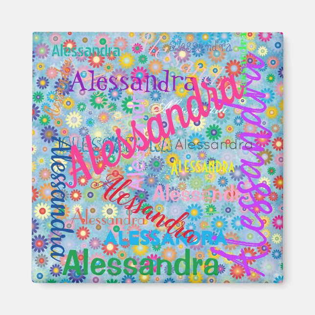 Collage de cualquier nombre con imán de flores (Frente)