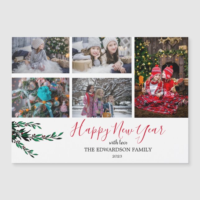 Collage de familia rusa Feliz Año Nuevo magnético (Anverso)
