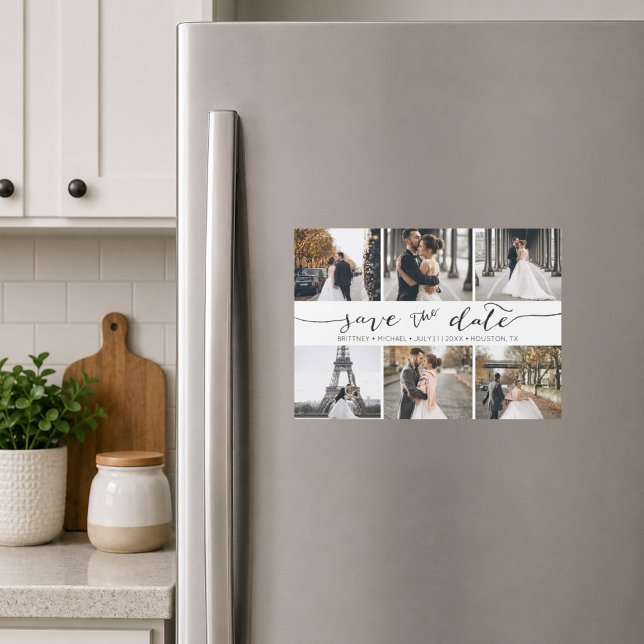 Collage de Fotos a Mano Save the Date (Elegant white six photo save the date magnet featuring romantic handwritten script typography )