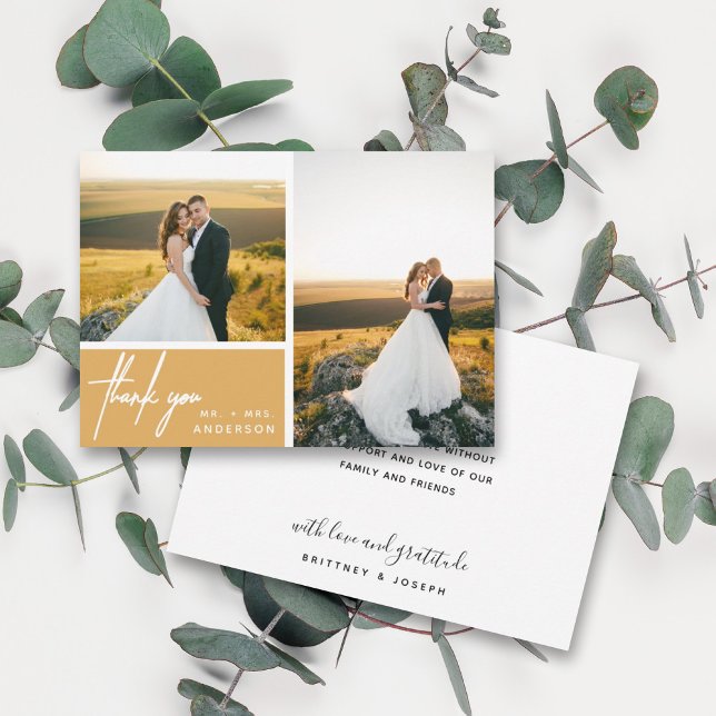 Collage de fotos amarillo mostaza moderno Gracias (Two photo hand lettered thank you wedding card with a minimalistic design perfect for any couple.)