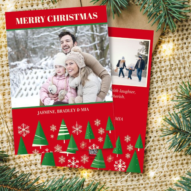 Collage de fotos Árbol retro rojo de Feliz Navidad (Merry Christmas photo collage red and retro style green trees template card digital download  )