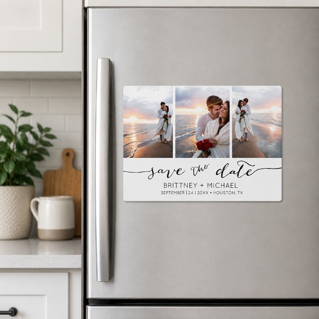 Collage de fotos con letra a mano para fecha de gu (Modern three photo collage save the date magnet featuring elegant handwritten script typography)