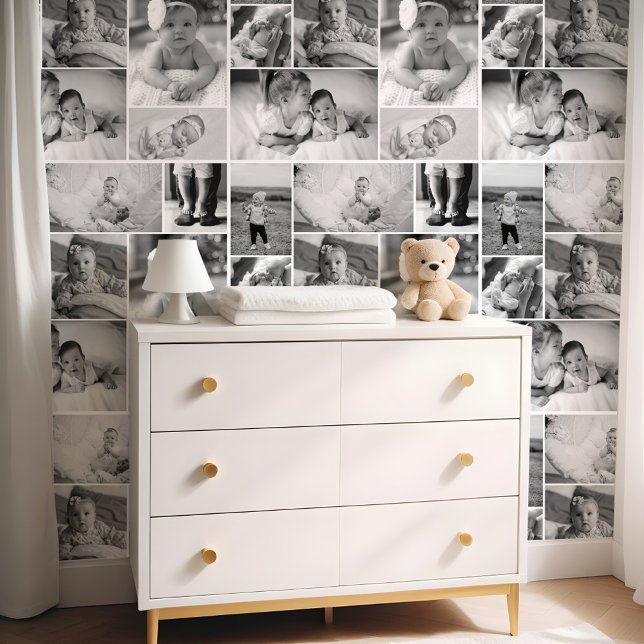Collage de fotos de bebé de pared personalizada en (Black & White Personalized Wall Baby Photo Collage Wallpaper)