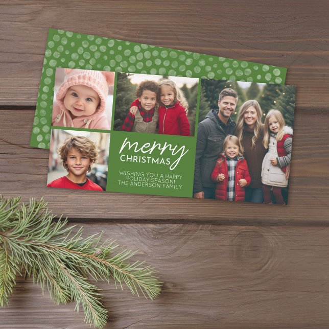 Collage de fotos de Feliz Navidad 4 - puede editar (4 Photo online Christmas Card, modern design, boho dot pattern, green)