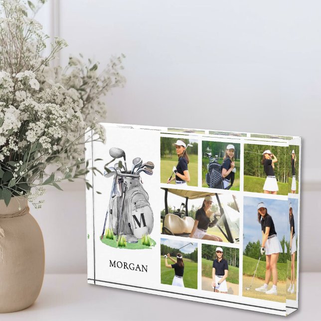 Collage de Fotos de Golf con Monograma Personaliza (Personalized Monogram Golf Photo Collage Block)