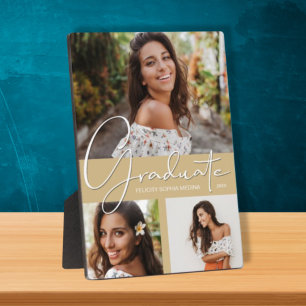 Collage de fotos de graduación en placa de oro lig