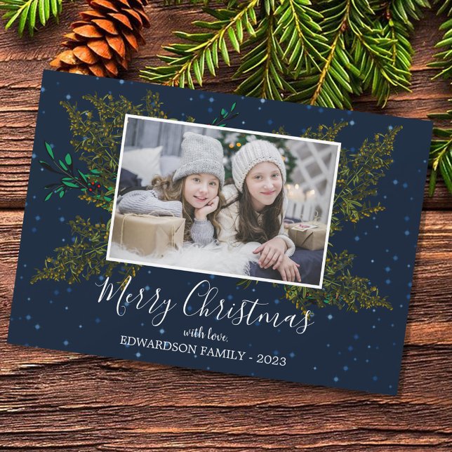 Collage de fotos de la familia rusa Tarjeta navide (Beautiful winter greenery, botanical Merry Christmas photo Holiday card. )