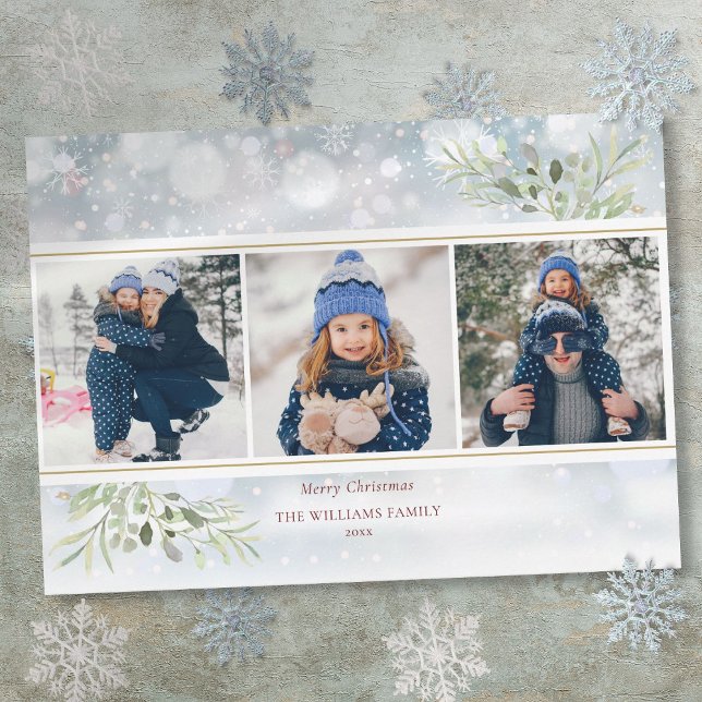 Collage de fotos de Navidad con vegetación y copos (Merry Christmas Greenery Snowflakes Photo Collage Holiday Card)