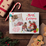 Collage de fotos de Navidad Retro Merry<br><div class="desc">Difunde alegría de vacaciones con estas divertidas tarjetas de fotos. Están listos para ser personalizados con dos de tus propias fotos y tus nombres con gráficos festivos en un estilo retro en rojo, verde limón y azul turquesa incluyendo adornos vintage y el mensaje Feliz Navidad en letras rojas dibujadas a...</div>