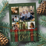 Collage de fotos de plaid verde rojo Feliz Navidad<br><div class="desc">Moderno y elegante,  elegante y elegante lona tartán faux gold Christmas script seis fotos familiares de la tradicional carta de vacaciones verde del bosque rojo con su personalizado texto personalizado en ambos lados.</div>