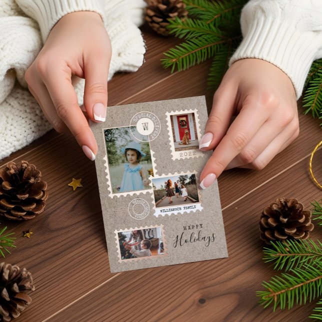 Collage de fotos de sellos postales de entrega esp (Fun Special Delivery Postage Stamps Photo Collage Foil Holiday Card)