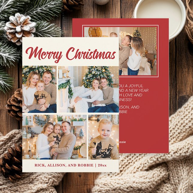 Collage de fotos familiar Feliz Navidad Rojo (Red and white "Merry Christmas" photo greeting card)