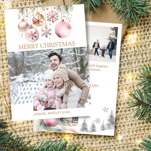 Collage de fotos Feliz Navidad blanco rosa oro boh (Photo collage Merry Christmas white rose gold boho Holiday Card pastel rose gold baubles snowflakes)