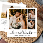 Collage de fotos mínimo amor y agradecimiento Boda<br><div class="desc">Simle Minimalista Elegante "Amor y gracias" Script 3 Collage de fotos personalizado Boda personalizado Tarjeta de agradecimiento. Elegante plantilla de tarjeta de agradecimiento boda con tres (3) fotos en la parte delantera (collage de fotos de la cuadrícula) y una foto en la parte posterior. Con el texto "Amor y gracias"...</div>