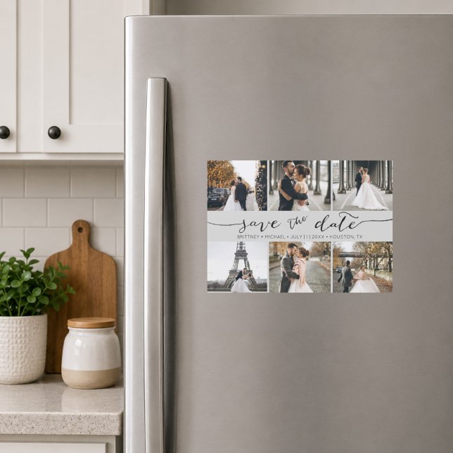 Collage de fotos modernas grises para Save the Dat (Elegant grey six photo save the date magnet featuring romantic handwritten script typography
)