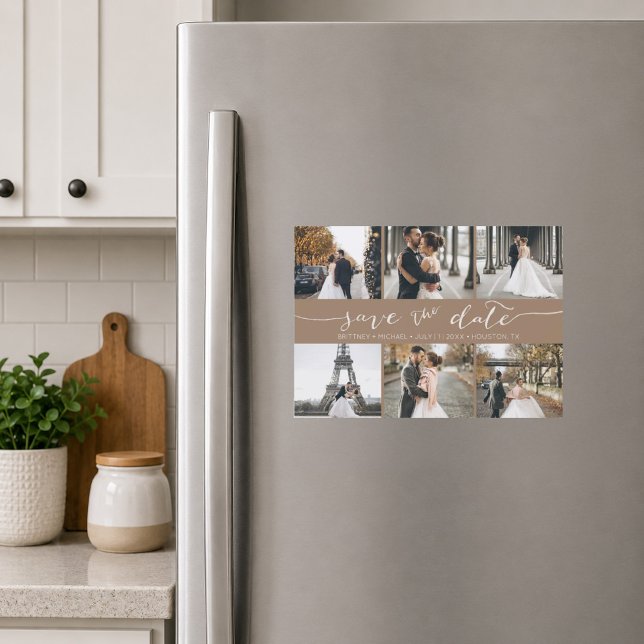 Collage de Fotos Modernas para Anuncio de Fecha Ta (Elegant taupe six photo save the date magnet featuring modern handwritten script typography )