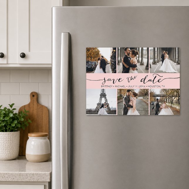 Collage de Fotos Modernas Rosa Salva la Fecha (Romantic blush pink six photo save the date magnet featuring elegant handwritten script typography)