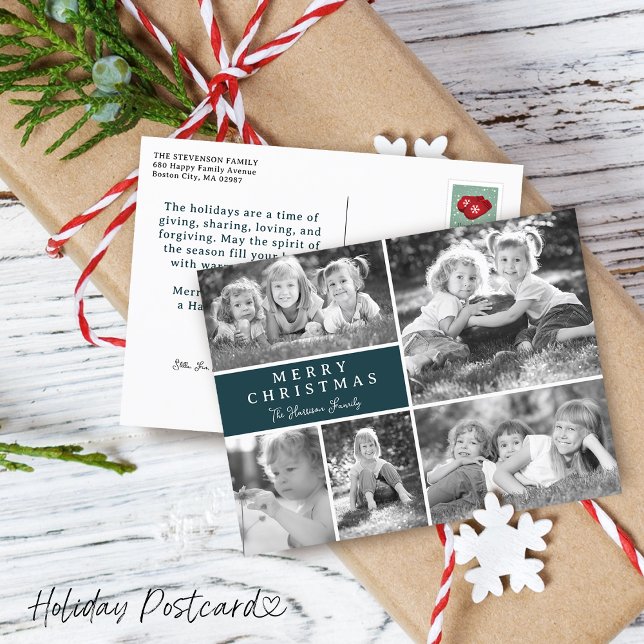 Collage de fotos moderno Feliz Navidad (Modern Photo Collage Merry Christmas Holiday Postcard)