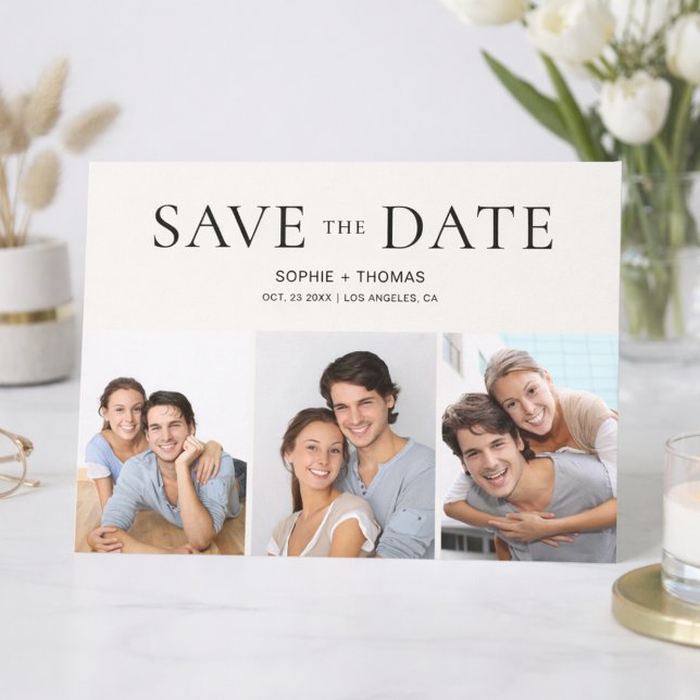 Collage de Fotos Moderno Neutro Beige para Anuncio (Modern Photo Collage Neutral Beige Save the Date)