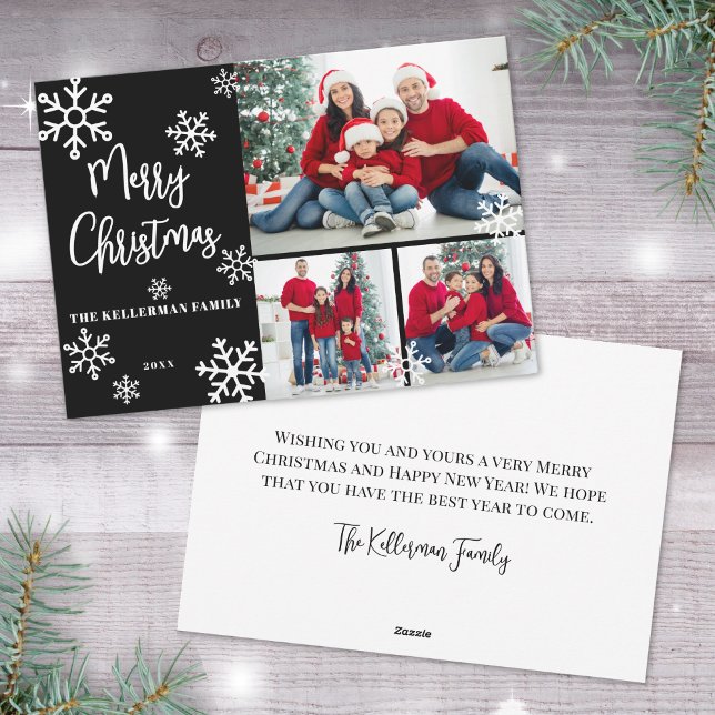 Collage de fotos negro Feliz Navidad (Black Photo Collage Merry Christmas Holiday Card)