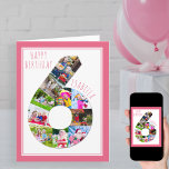 Collage de fotos número 6 Chica 6 Tarjeta de cumpl<br><div class="desc">Tarjeta fotográfica única y personalizada de sexto cumpleaños para una niña pequeña. La plantilla de fotos está configurada para que añadas tus fotos favoritas a este collage de fotos número 6 más una foto especial extra dentro. También puede añadir su nombre al frente y personalizar el saludo de cumpleaños dentro....</div>