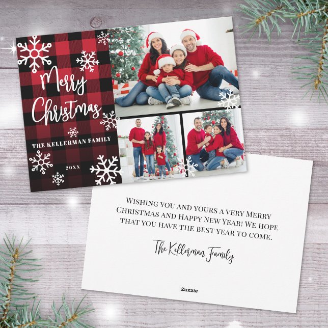 Collage de fotos Red Plaid Feliz Navidad (Photo Collage Red Plaid Merry Christmas Holiday Card)
