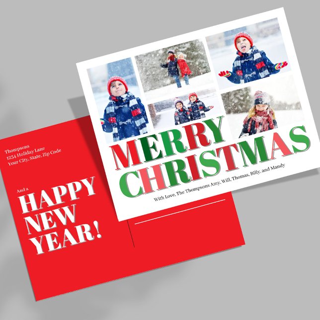 Collage de fotos rojo y verde Feliz Navidad (Merry Christmas Photo Collage Postcard Template.)